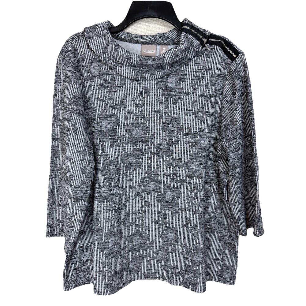 Chicos Sz 3 (16) Women's Sweater Black‎ Gray Cowl Neck 3/4 Sleeves Zipper Accent